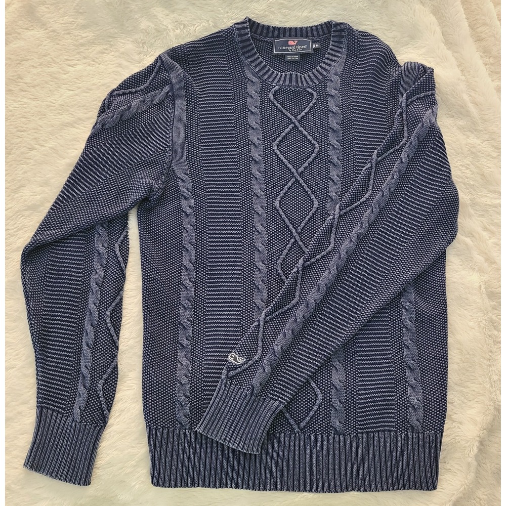 Vineyard Vines Mens Indigo Blue Cable Knit Cotton Crewneck Sweater 1E001161 M